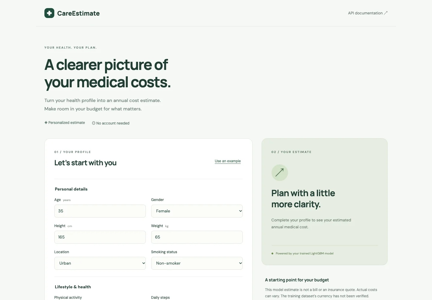 Medical Cost App interface
